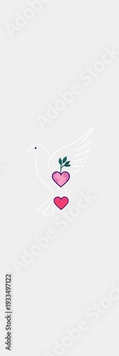 Minimalist dove of peace with plant sprig, heart, and earth symbols in thin line art vector ,  dove,  simple