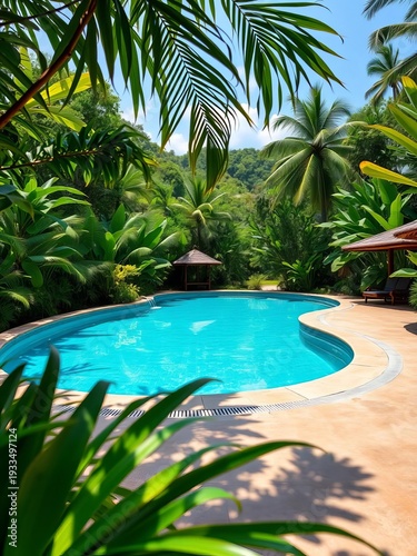 Lush Thai jungle frames a serene swimming pool, inviting relaxation on a sunny vacation day,  luxury,  tropical