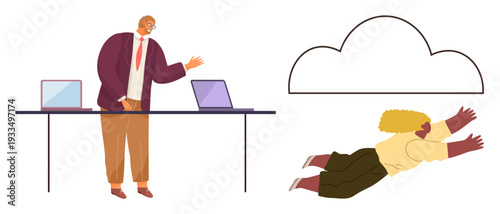 Cloud computing, data storage, technology integration, teamwork, innovation, remote work. A person reaching for a cloud and a man working at a desk. Cloud computing and data storage concept