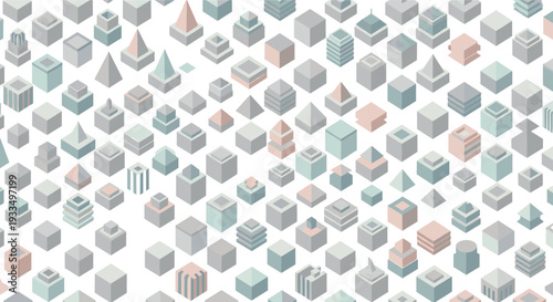 Abstract Isometric Geometric Pattern with 3D City Buildings and Architectural Shapes Flat Art