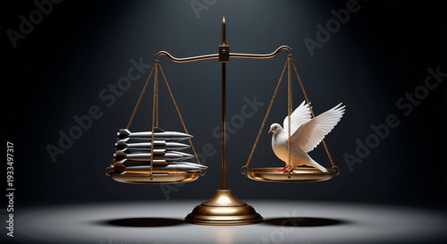 Golden scales weighing missiles against a white dove