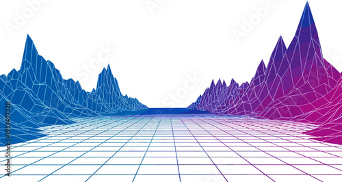 Retro Synthwave Wireframe Mountain Landscape with Cyberpunk Grid in Flat Illustration Style