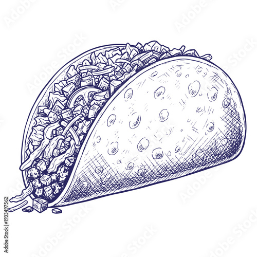 A blue line drawing of a taco with various fillings on a white background