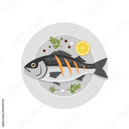 Illustration of a fish on a plate with garnish and lemon slice served