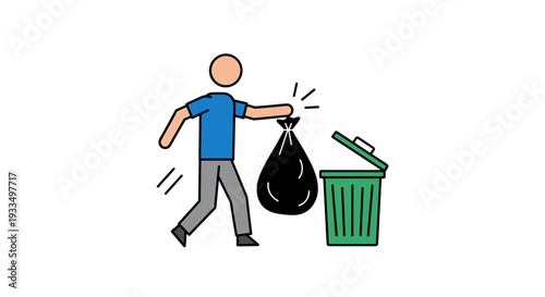 Man Throwing Trash Bag into Bin.