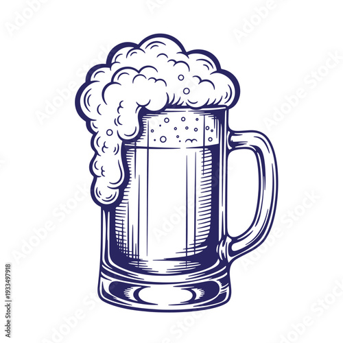 A foamy mug of beer with a handle on the side is shown in a sketch style one pint glass full of froth  beer beverage