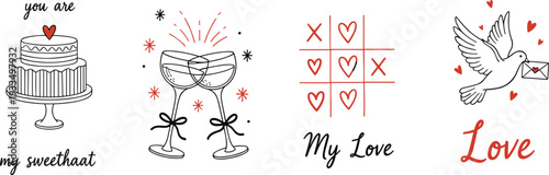 Hand-drawn romantic vector card set featuring a cake, clinking wine glasses, tic-tac-toe hearts, and a carrier dove