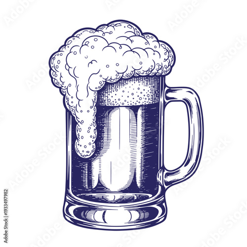 A frosty mug of beer overflowing with foamy head in a vintagestyle illustration  perfect for drink and beverage concepts