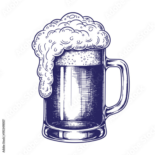 A large beer mug with frothy foam overflowing on a white background  a detailed illustration of a full beer glass