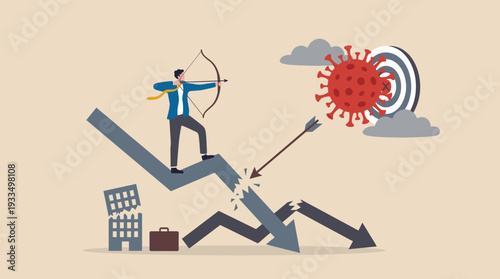 Businessman aiming at target blocked by COVID-19 virus while standing on a broken falling stock market arrow. Concept of economic crisis, business failure, and missed goals during pandemic.