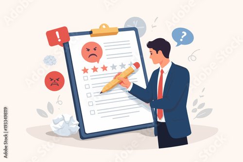 Businessman in a suit using a large pencil to address a customer complaint on a giant clipboard with a negative review, angry face emoji, and low star rating for feedback and service improvement.