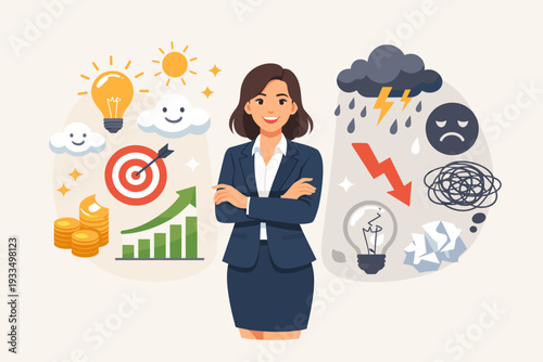 Businesswoman with positive and negative mindset symbols. Concept of mental attitude for success, emotional intelligence, optimism vs pessimism, growth vs failure in professional career vector.