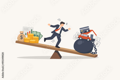 Businessman Balancing on Seesaw with High Debt and Low Income Concept Illustration. Heavy Weight of Loans, Credit Cards, and Bills Outweighing Savings and Earnings in Financial Crisis Scene.
