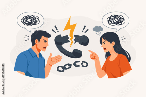 Communication Breakdown Concept with Angry Couple Arguing and Broken Telephone Symbolizing Misunderstanding, Relationship Conflict, Divorce, and Failure to Connect in a Modern Vector Illustration.