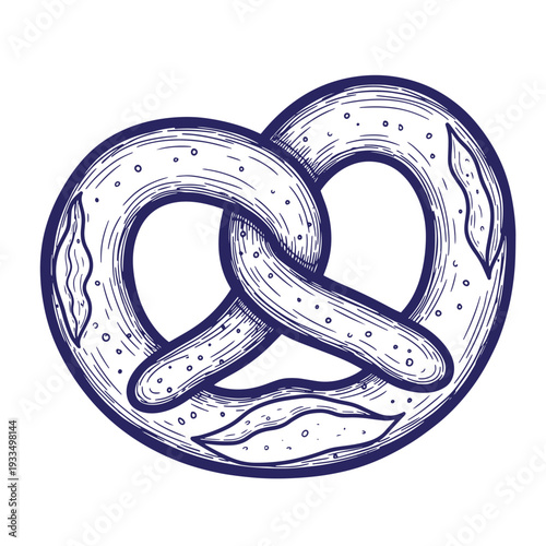 A hand drawn illustration of a classic salty pretzel on white background  traditional baked food