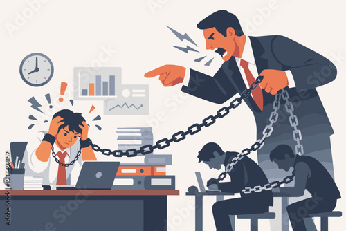 Angry Boss Shouting at Stressed Employee Chained to Desk in Toxic Office Environment, Concept of Workplace Pressure, Burnout, and Corporate Slavery with Overworked Staff and Hostile Leadership.