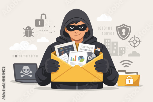 Cybercriminal in Black Hoodie and Mask Holding Large Envelope Filled with Stolen Data, Documents, and Digital Files, Concept of Cybercrime, Data Breach, Identity Theft, and Information Security.