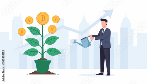 Businessman watering a money tree with Bitcoin and Yen coins, representing financial growth, investment success, and wealth creation with a rising stock market graph and city skyline background.