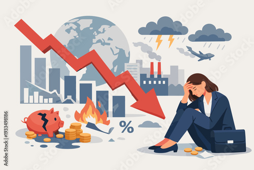 Global Financial Crisis and Economic Recession Concept with Stressed Businesswoman Sitting Near Downward Arrow, Broken Piggy Bank, and Burning Money Representing Bankruptcy and Market Crash
