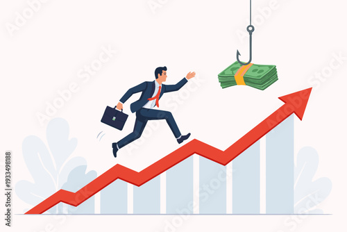 Businessman Running Up a Rising Growth Graph Arrow Towards a Stack of Money on a Fishing Hook, Concept of Financial Bait, Risk, Greed, and Business Trap in Corporate Career or Investment Fraud.