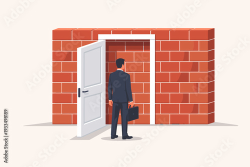Businessman Standing Before an Open Door Blocked by a Solid Brick Wall, Representing Business Obstacles, Career Dead Ends, Challenges, Failure to Progress, and Professional Limitations Concept