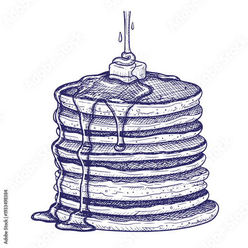 A stack of pancakes with syrup being poured on top  a delicious breakfast meal