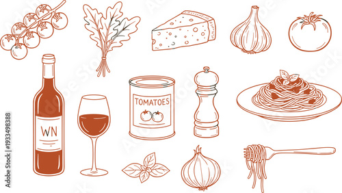 Hand-drawn terracotta vector illustration set of spaghetti, wine, tomatoes, garlic, and Italian cooking ingredients for restaurant menus