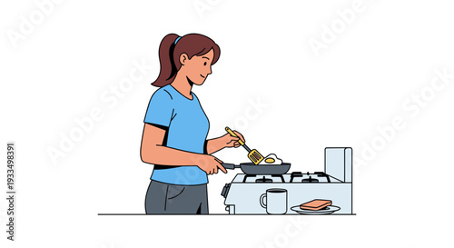 Woman Cooking on Stove with Utensil.