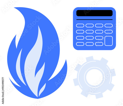 Energy efficiency, technological innovation, industrial processes, automation, financial planning, resource management. Blue flame next to a calculator and gear. Energy efficiency and technological