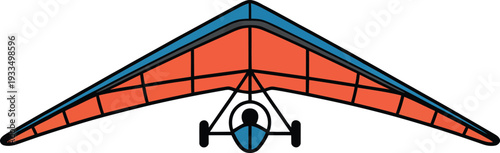 A vibrant red and blue hang glider soaring through the air with a pilot inside