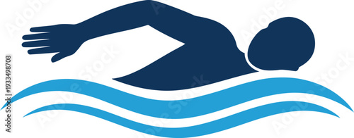 Swimmer in front view swimming through wavy blue water surface in one smooth motion