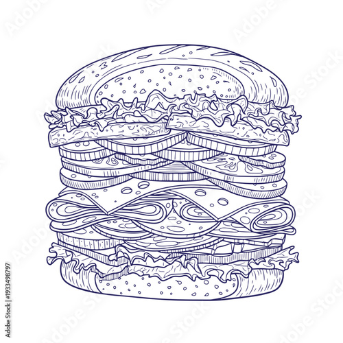 Detailed illustration of a large hamburger with multiple layers of ingredients including lettuce cheese and meat on a sesame seed bun transparent background