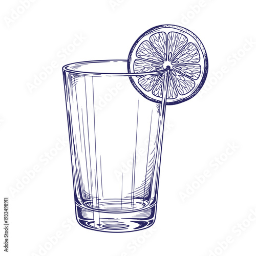 Drawing of a highball glass with a slice of lemon on the rim  refreshing drink concept