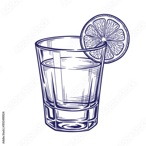 drawing of a short clear drinking glass with some liquid and a slice of lime on the rim