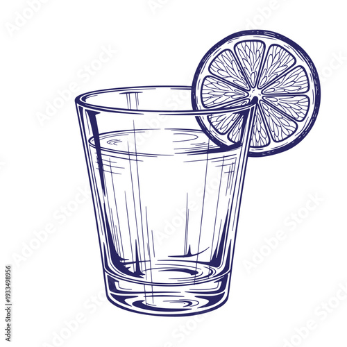 Drawing of a short drinking glass with liquid and a slice of lemon on the rim