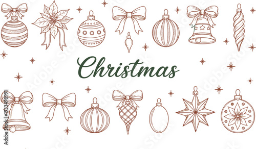 Hand-drawn vintage vector Christmas ornament set featuring decorative baubles, bells, poinsettias, bows, and festive stars with typography