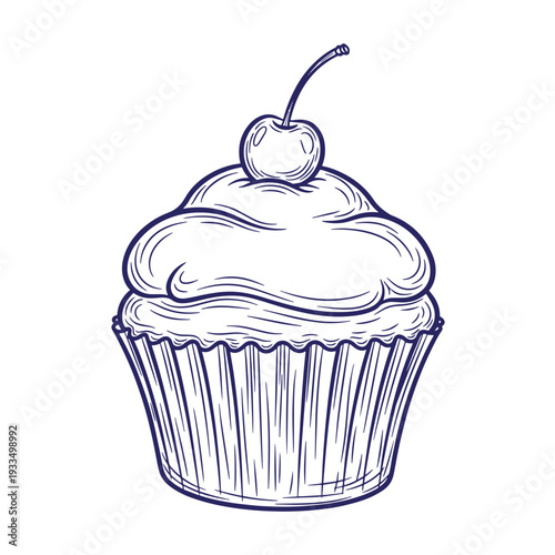 drawn cupcake with frosting and cherry on top  dessert illustration transparent background