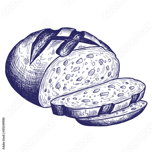 hand drawn illustration of whole and sliced bread loaf on white background  food and bakery concept