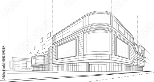 Professional black vector architecture illustration of parametric commercial building corner with integrated digital signage and billboard mockups