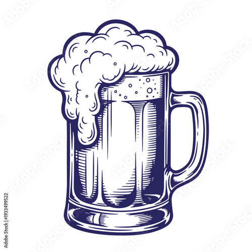 Illustration of a frothy beer mug with handle  a glass full of beer and foam  drink
