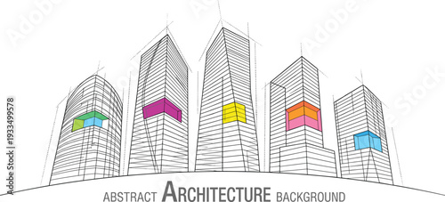 Professional black vector architecture illustration of parametric skyscrapers with color zoning blocks and drafting lines on curved horizon
