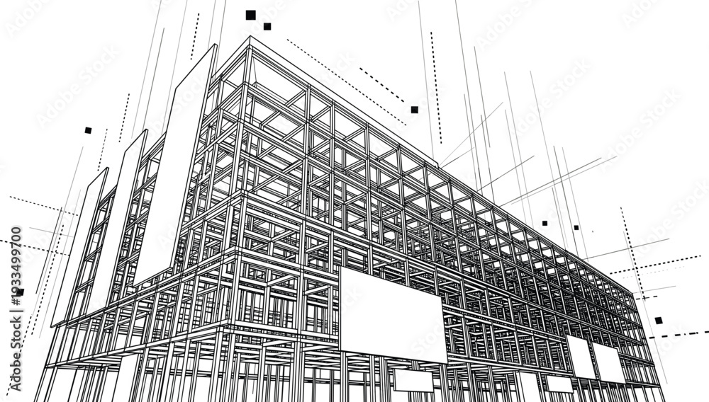 Fototapeta premium Professional black vector architecture wireframe of multi-story building structural framework and modern construction engineering design blueprint