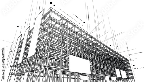 Professional black vector architecture wireframe of multi-story building structural framework and modern construction engineering design blueprint