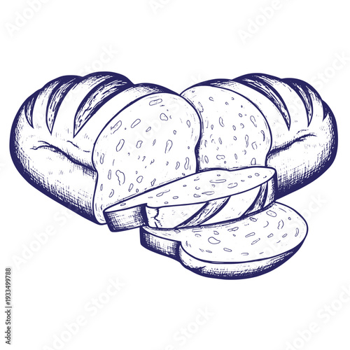 Illustration of a loaf of bread with slices cut off and placed in front  bakery food
