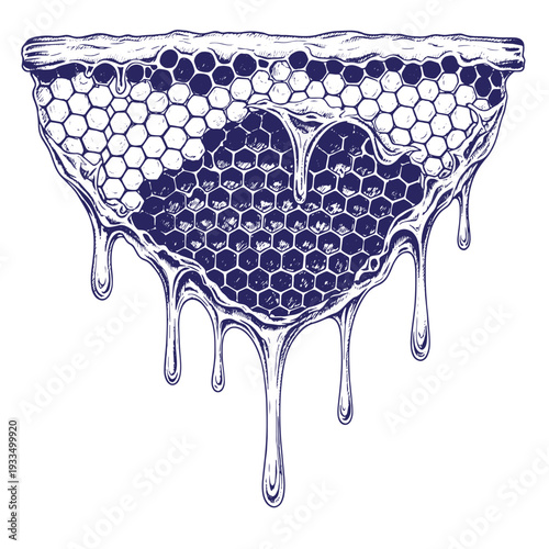 Illustration of melting honeycomb with hexagonal cells in blue and white colors isolated on white background