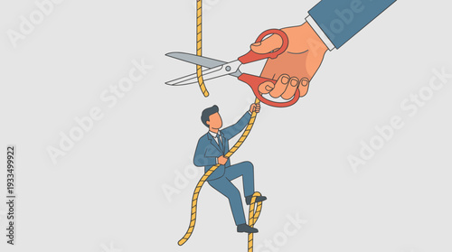 Businessman Climbing a Rope While a Giant Hand with Scissors Cuts It Above Him, Representing Corporate Risk, Job Insecurity, Sabotage, and the Challenges of Career Advancement in a Competitive World