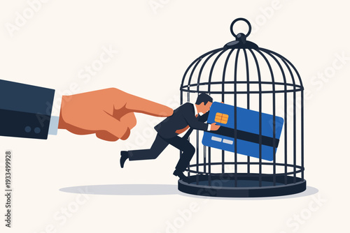 Big Hand Pushing Businessman with Large Credit Card into Birdcage Metaphor of Debt Trap Financial Slavery Bankruptcy Consumerism Economic Pressure and Money Problems Flat Vector Illustration