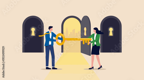 Businessman and Businesswoman Holding Large Golden Key to Unlock Door Leading to City Skyline. Concept of Partnership, Collaboration, Finding the Right Path to Success, Career, and Opportunity.