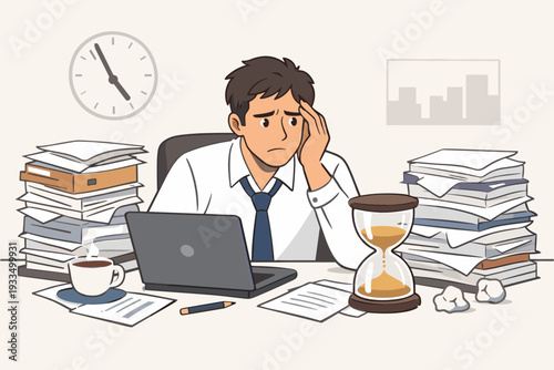 Stressed Young Businessman Sitting at Office Desk with Laptop and Stacks of Paperwork, Overwhelmed by Workload and Deadline Pressure, Time Management Concept with Hourglass and Clock Illustration.