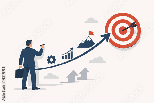 Businessman drawing an upward arrow leading to a target bullseye, representing business strategy, growth, and path to success with icons of gear, bar chart, and mountain peak with flag.